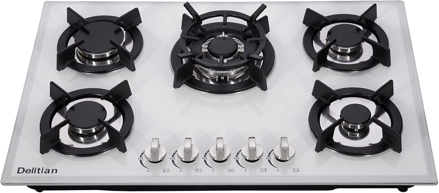 30 Inch Gas Cooktop DTW5701 White Tempered Glass Stovetop, 5 Burners LPG/NG Convertible Stove Thermocouple Protection Cooktop