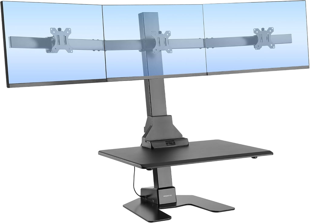 Mount-It! Triple Monitor Electric Standing Desk Converter - 3 Screens Stand Up Desk Riser - Height Adjustable Desktop & 3 Mounts for Screens up to 32', Sit-Stand Convertor for Home, Office, School