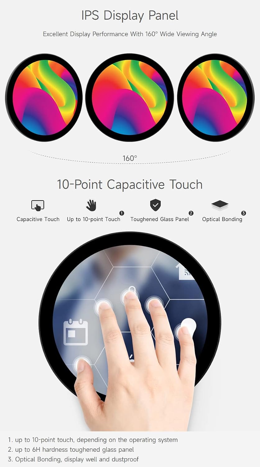 waveshare 5inch HDMI Round Touch Display, 1080 × 1080 Resolution, IPS, 10-Point Touch, Compatible with Raspberry Pi 5/4B/3B/Zero/Zero W/Zero 2W/Pico/Pico W/Pico WH