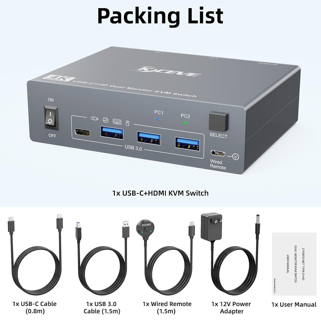 KVM Switch 2 Monitors 1 Laptop and 1 Desktop 4K@60Hz,Camgeet USB C HDMI Dual Monitor KVM Switch with 4 USB3.0 Ports for Keyboard Mouse,80W PD Charging,Wired Remote,USB-C Cable and 12V Adapter Included
