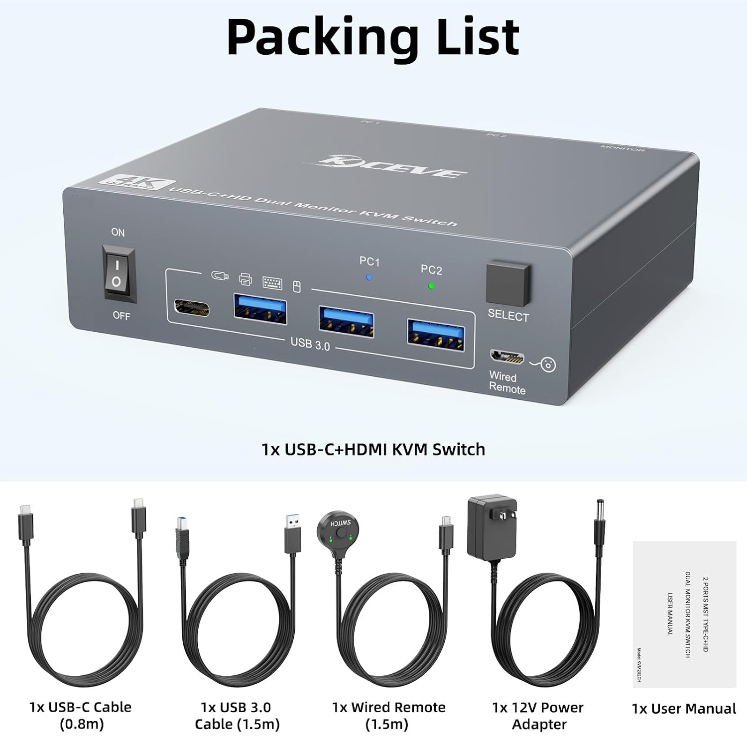 KVM Switch 2 Monitors 1 Laptop and 1 Desktop 4K@60Hz,Camgeet USB C HDMI Dual Monitor KVM Switch with 4 USB3.0 Ports for Keyboard Mouse,80W PD Charging,Wired Remote,USB-C Cable and 12V Adapter Included