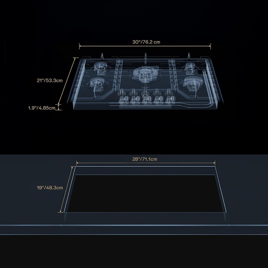 30 inch Gas Cooktop with 5 Sealed Burners, Stainless Steel Drop-in Stove Top, Dishwasher Safe Cast Iron Grates, NG/LPG Convertible, 38K BTU