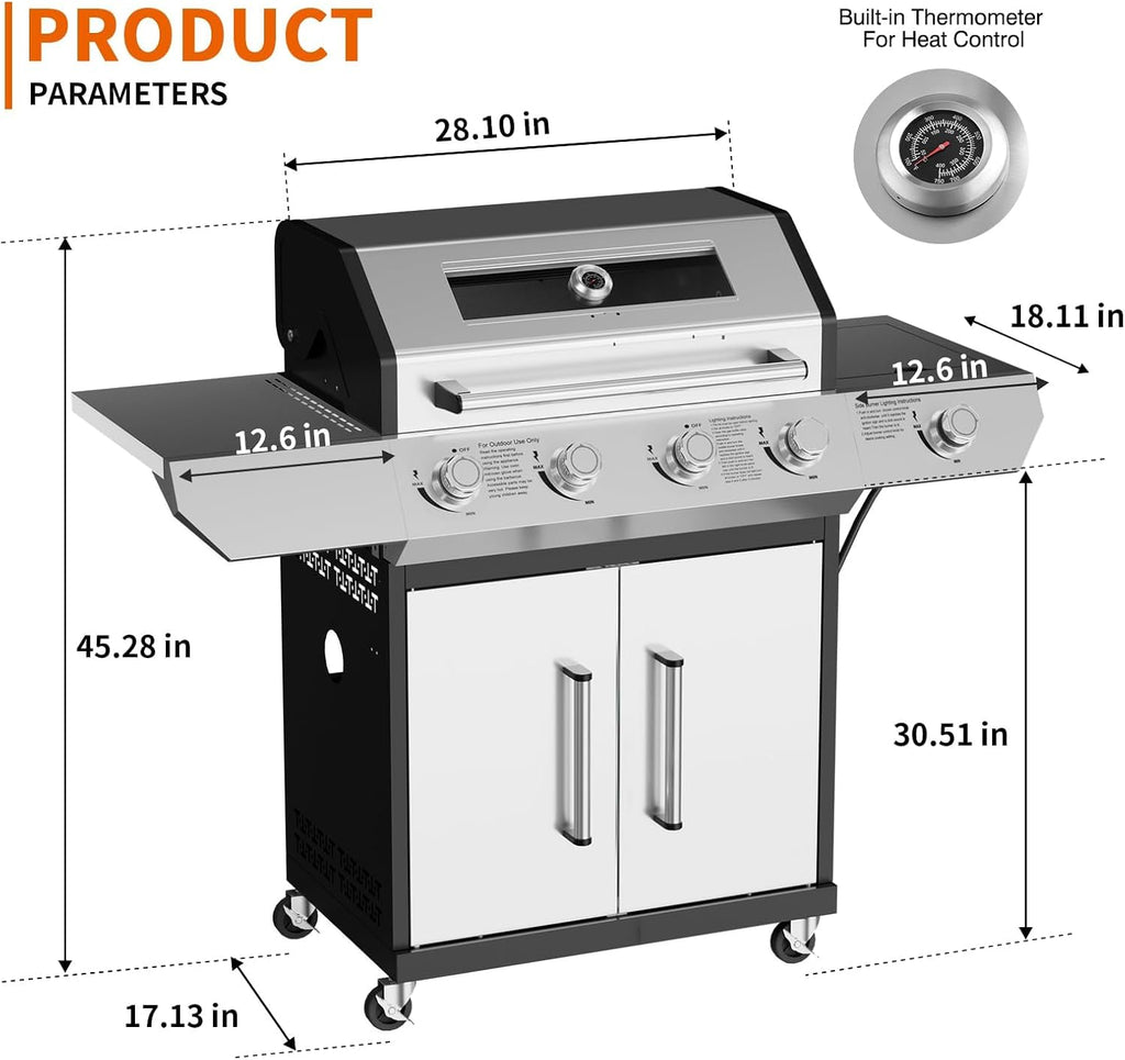 SKOK 4-Burner Led Gas BBQ Grill with Side Burner & Visual Glass, Barbecue Grill,60,000 BTU Stainless Steel Propane Grill 629 Sq. In. Grilling Area