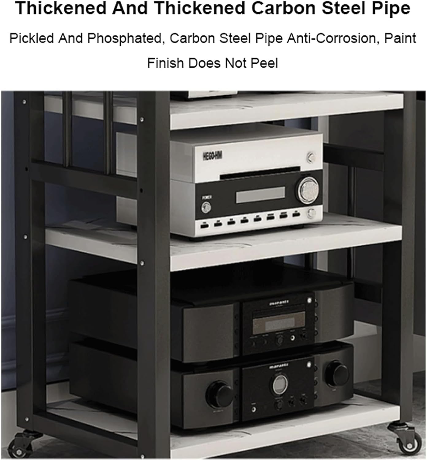 Audio Rack 4 Tier Stereo Rack Audio Equipment Rack Audio Stereo Shelf Wooden Open HiFi Rack Audio-Video Shelving with Wheels Movable(Brown)