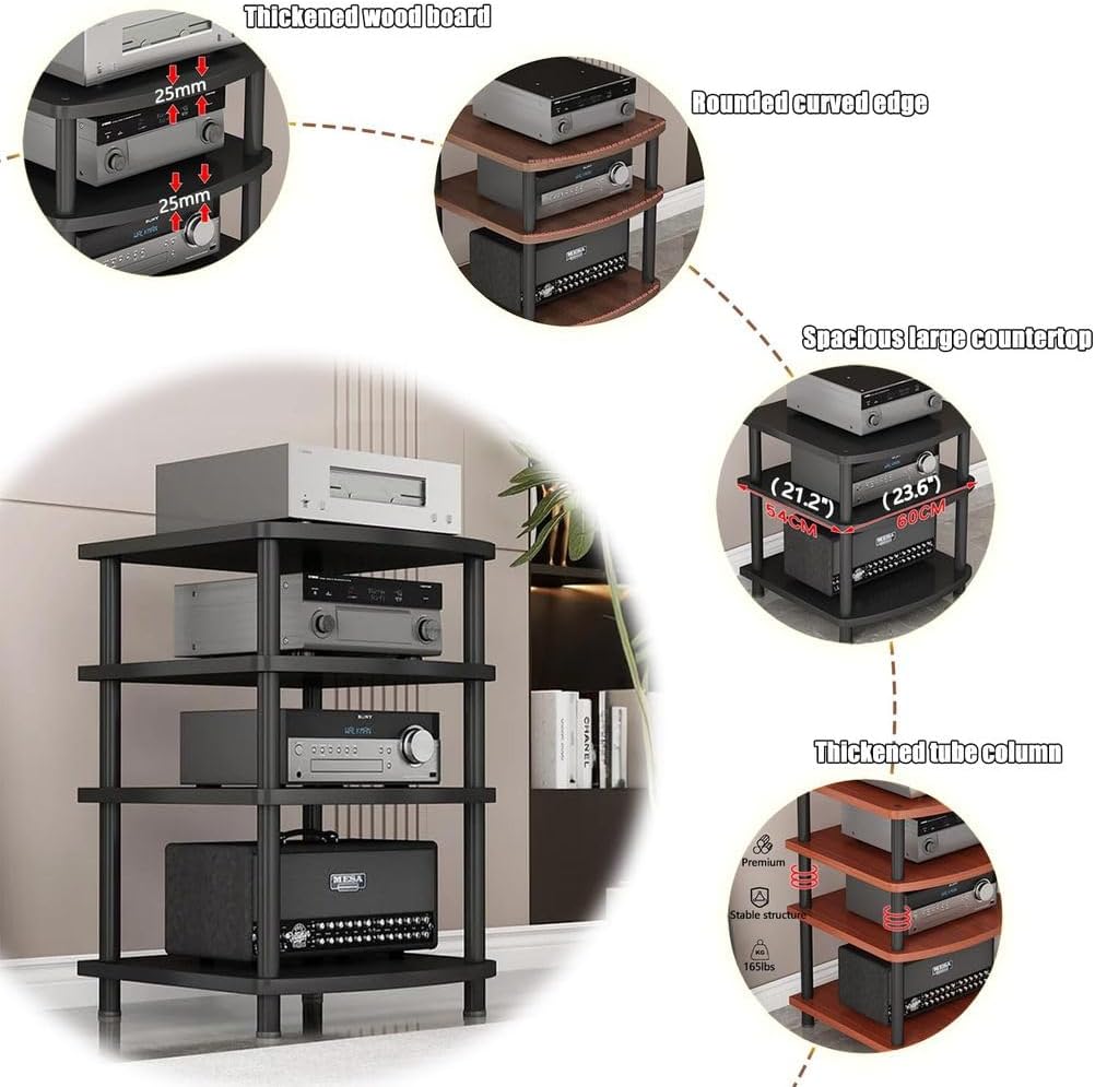 4-Tier AV Media Stand Audio Rack Tower Adjustable Height TV Game Console Equipment Shelf CD Record Player Stereo Component Rack Cabinet for Home Theater Studio,Black (with Wheels),3 Tier