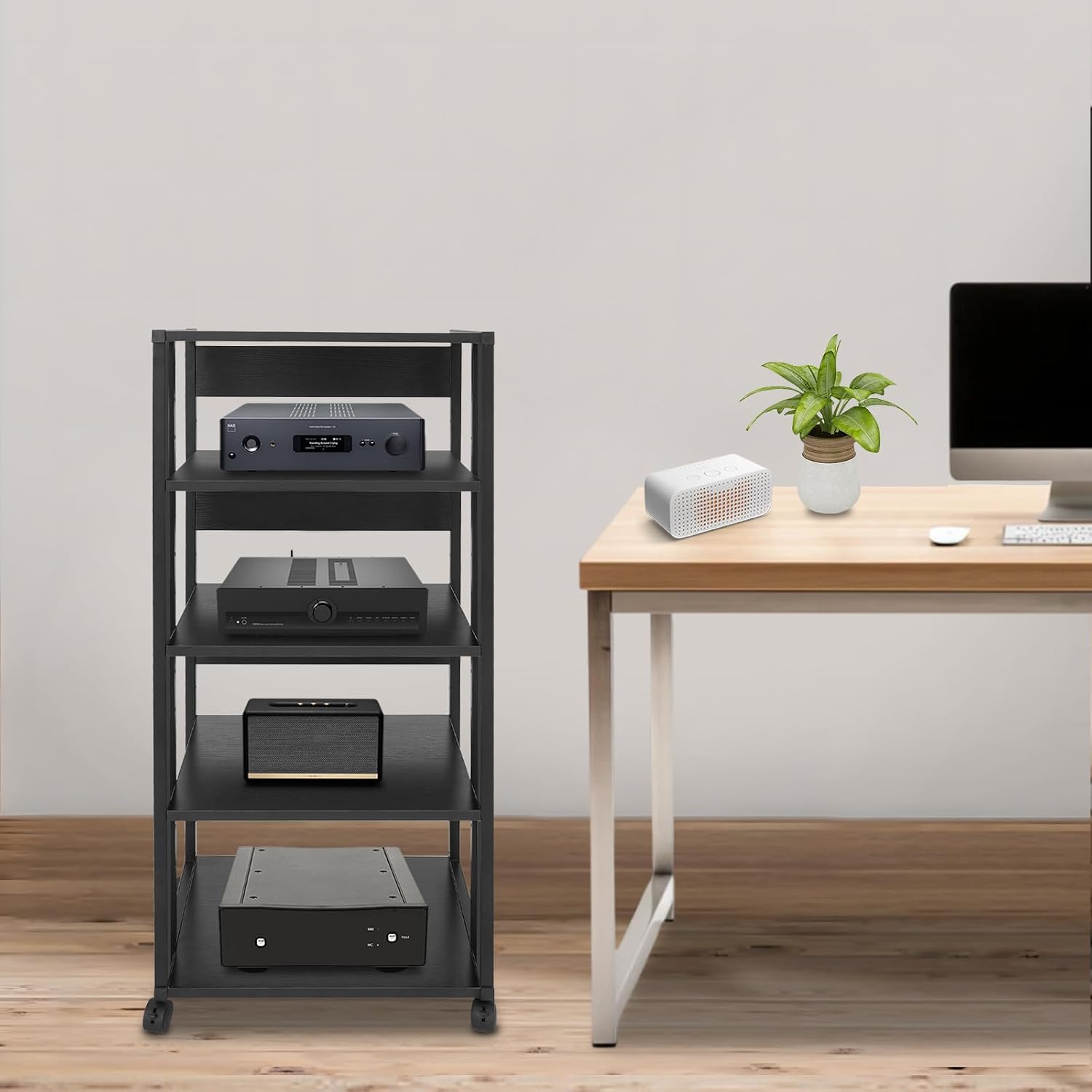 5-Tier Audio-Video Media Stand with Adjustable Shelves, Home AV Media Stand Rack with 4 Lockable Wheels, Freestanding Media Stand for Holding Amplifiers, Books (Black)