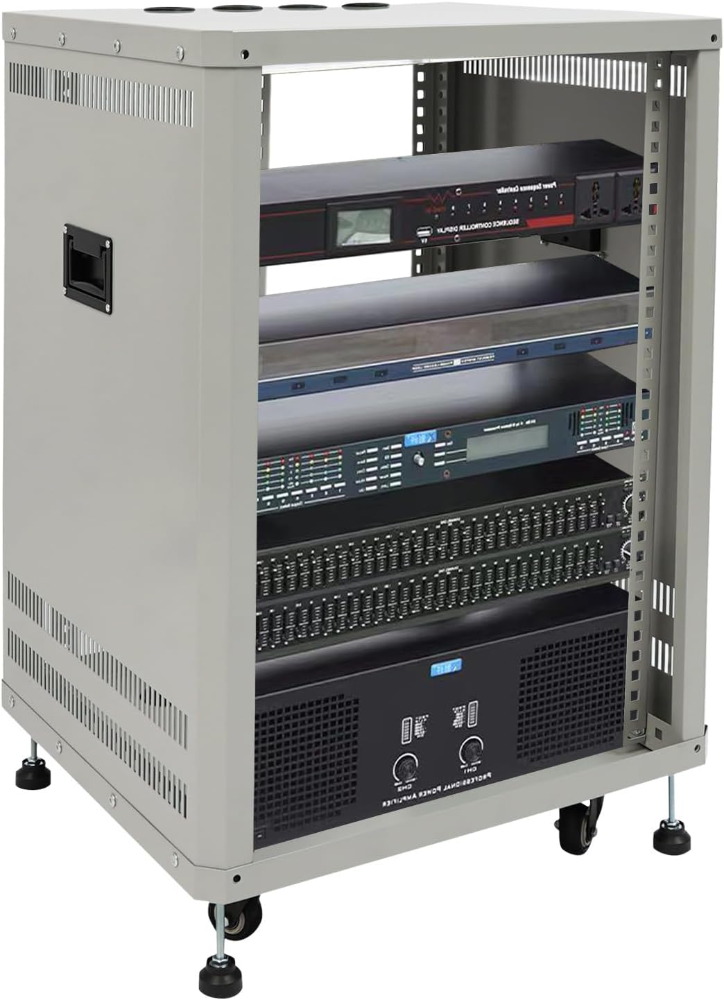 15U Server Rack with Wheels&Leveling Feet,Freestanding Rolling Open Frame IT Network Server Cabinet Rack Shelf for Audio Video Music Recording Computer AV Data & IT Equipment,Up to 300 Lbs Load,Grey