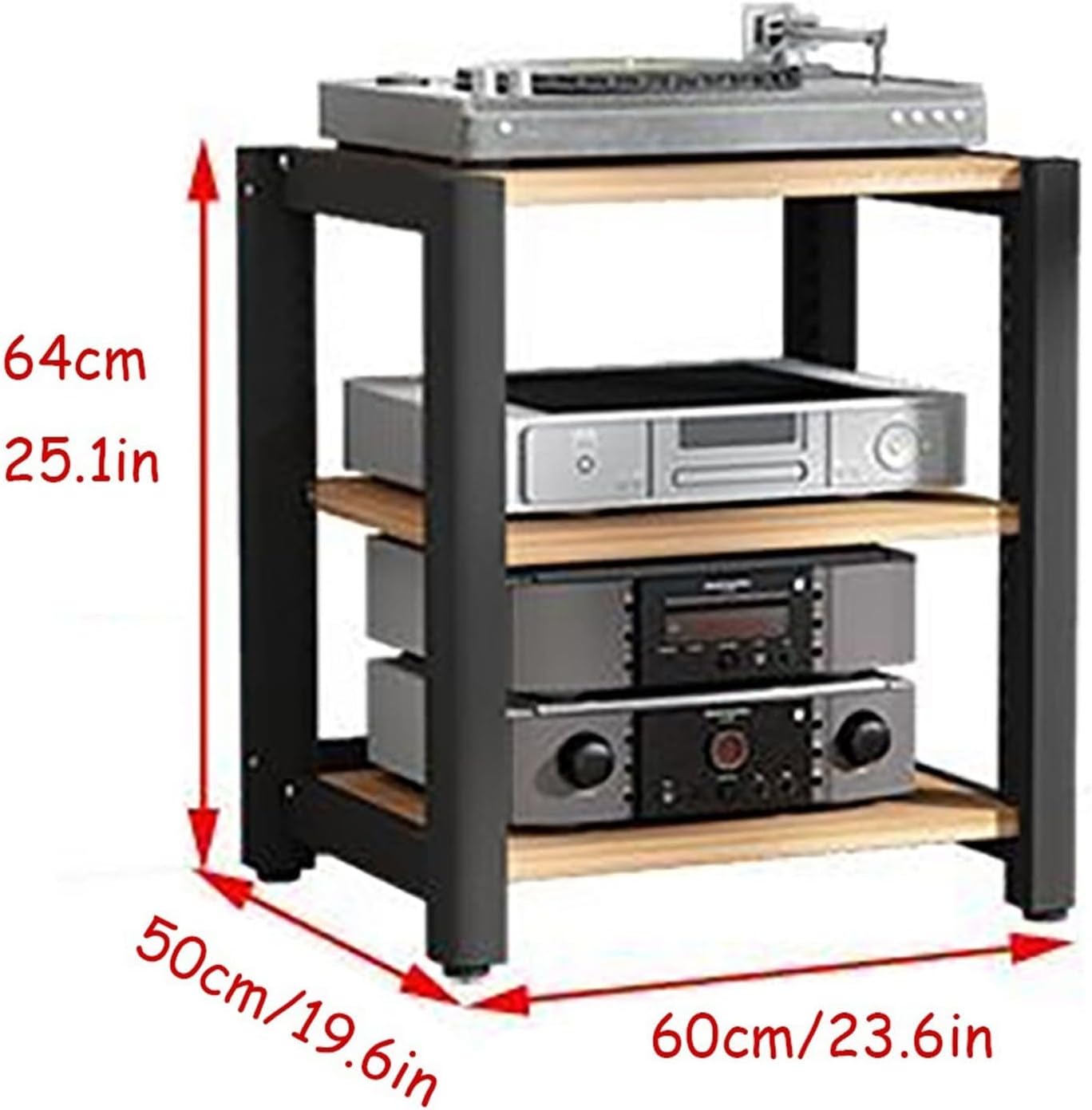 AV Media Stand, 2/3/4/5-Tier Audio Rack with Adjustable Shelf, Entertainment TV Shelves, Floor-Standing Stereo Cabinet Corner Shelf, Metal Storage Frame(Natural,3 Tier 60x50x64CM)