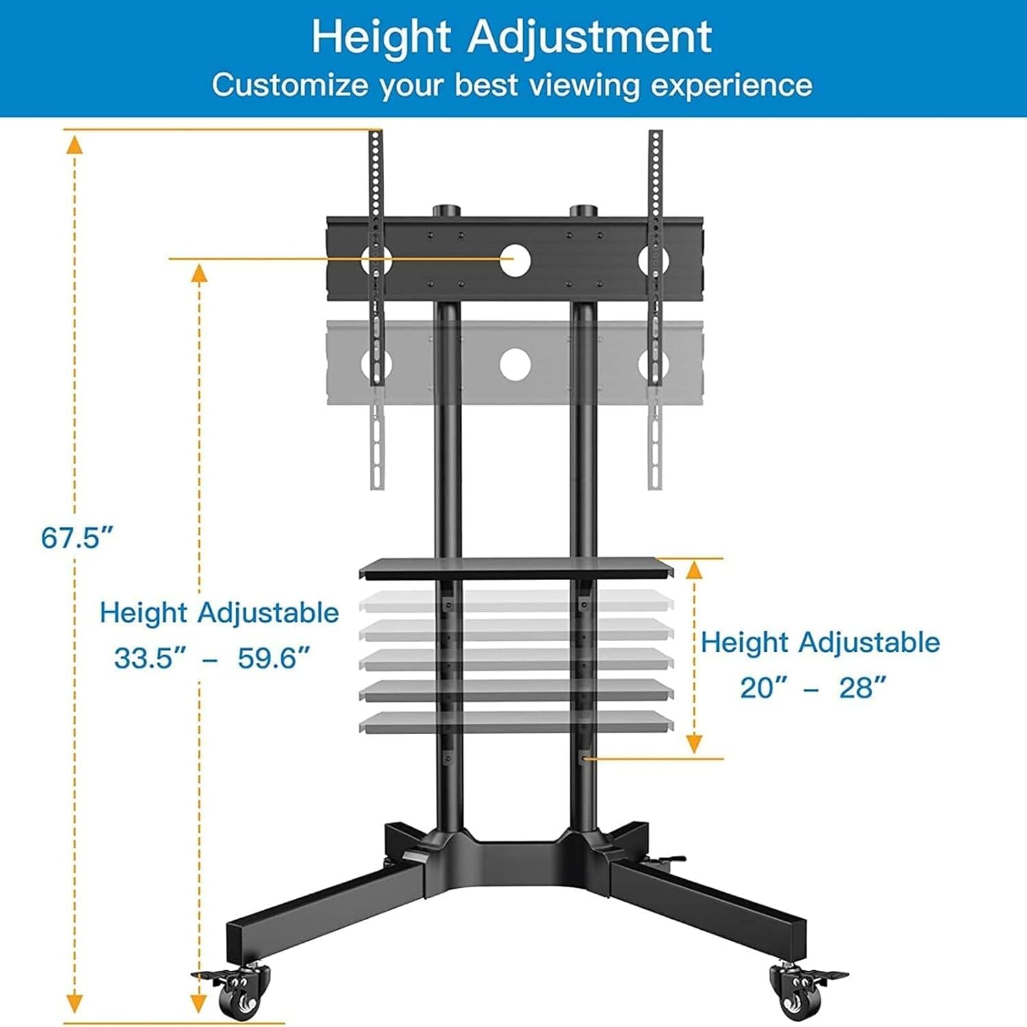 PERLESMITH Rolling TV Stand with Lockable Wheels for 32-86 Inch TVs Holds up to 132 Lbs, Height Adjustable Mobile TV Stand on Wheels with Laptop Shelf, Rolling Tv Cart Max VESA 600x400mm PSTVMC01