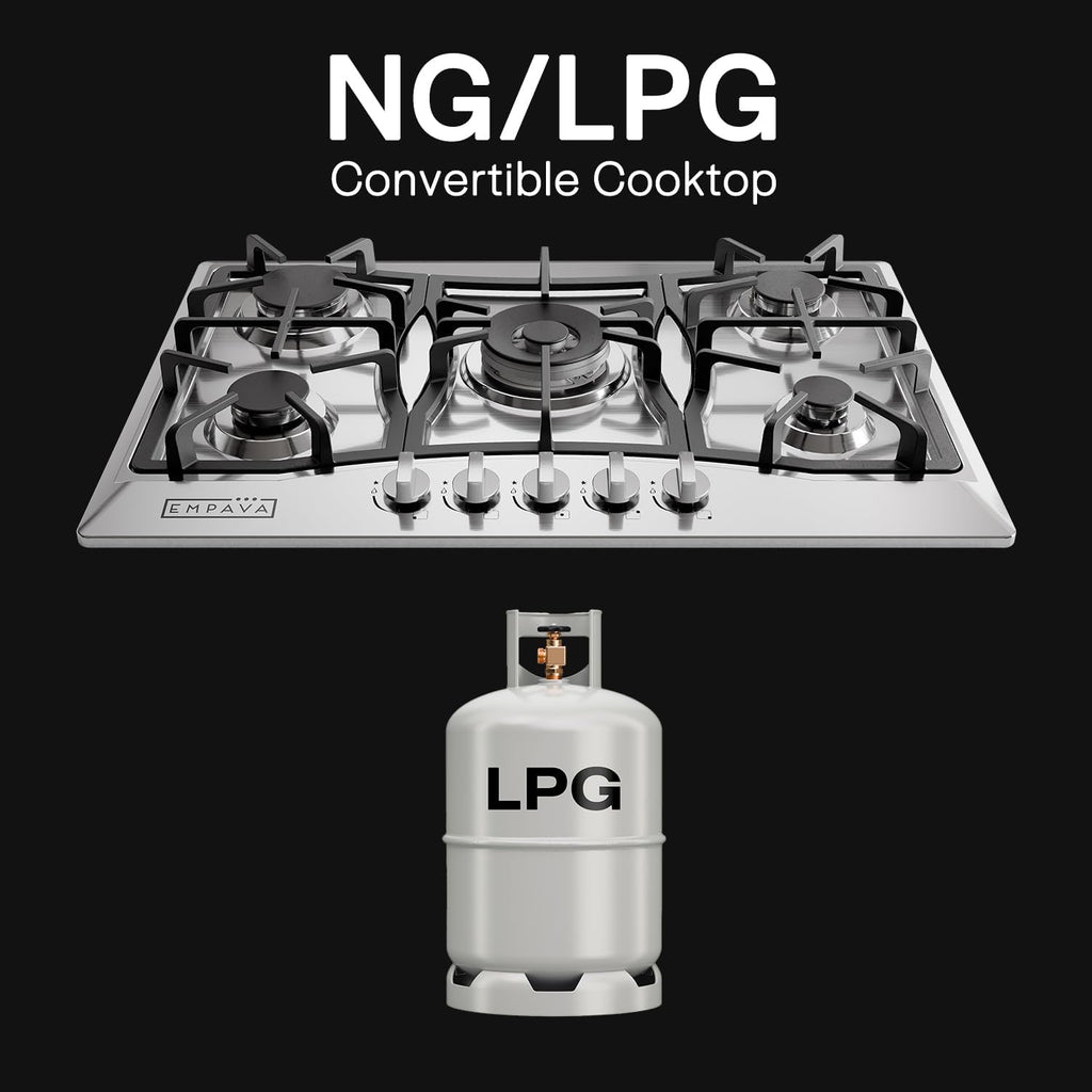 Empava 30' Gas Cooktop with 5 Italy Sabaf Sealed Burners NG/LPG Convertible Stainless Steel in Black Model 2020, 30 inches