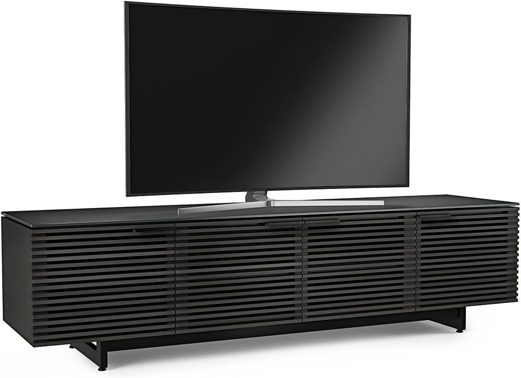 BDI Furniture Corridor 8173-79.25'' TV Stand for TVs up to 85' with Soundbar Shelf, Adjustable Shelves, Cable Management, Ventilation, Tempered Glass Top, Charcoal Stained Ash