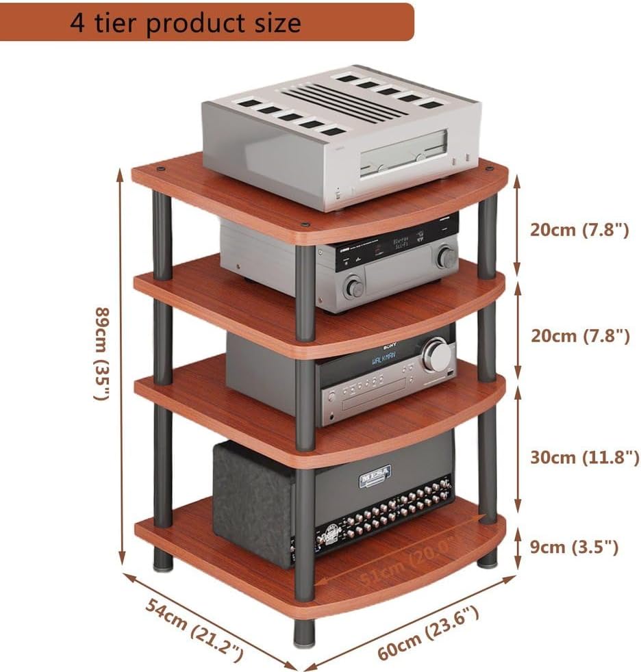 4-Tier AV Media Stand Audio Rack Tower Adjustable Height TV Game Console Equipment Shelf CD Record Player Stereo Component Rack Cabinet for Home Theater Studio,Brown,4 Tier