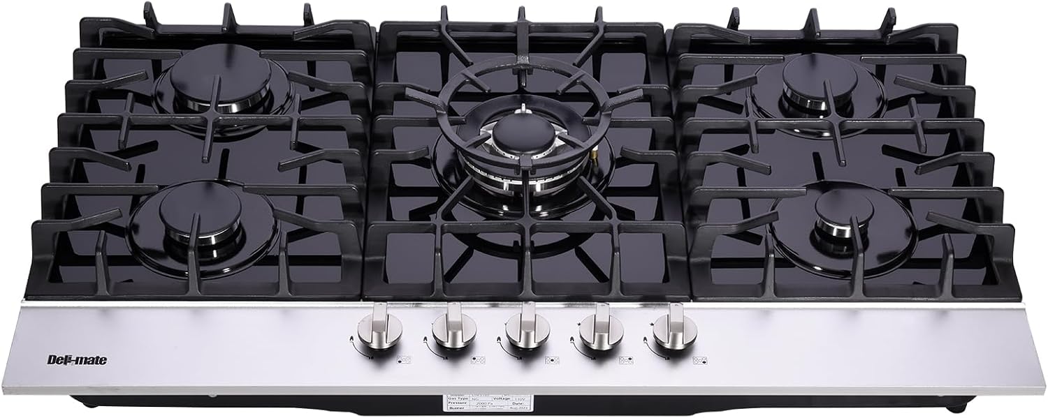 36 Inch Gas Cooktop, Built-in Tempered Glass 5 Burners Stovetop LPG/NG Convertible Stove Top Dual Fuel Cooktop DM5189-01