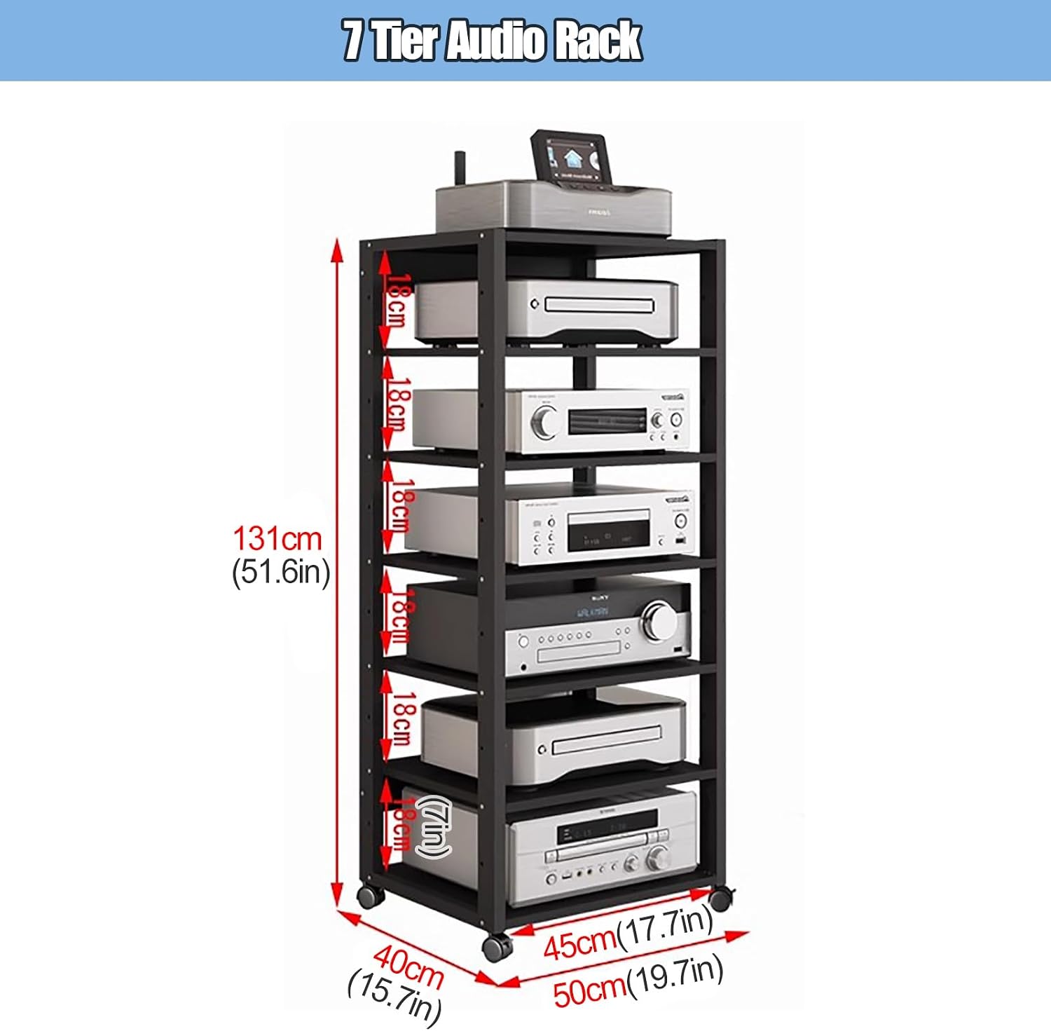 YLLFFLL 131cm Tall Mobile Stereo Racks and Stands on Wheels Heavy Duty Audio Equipment Rack Cart with Height-Adjustable Shelf, Entertainment Stereo Components Av Media Stand(7 Tier)