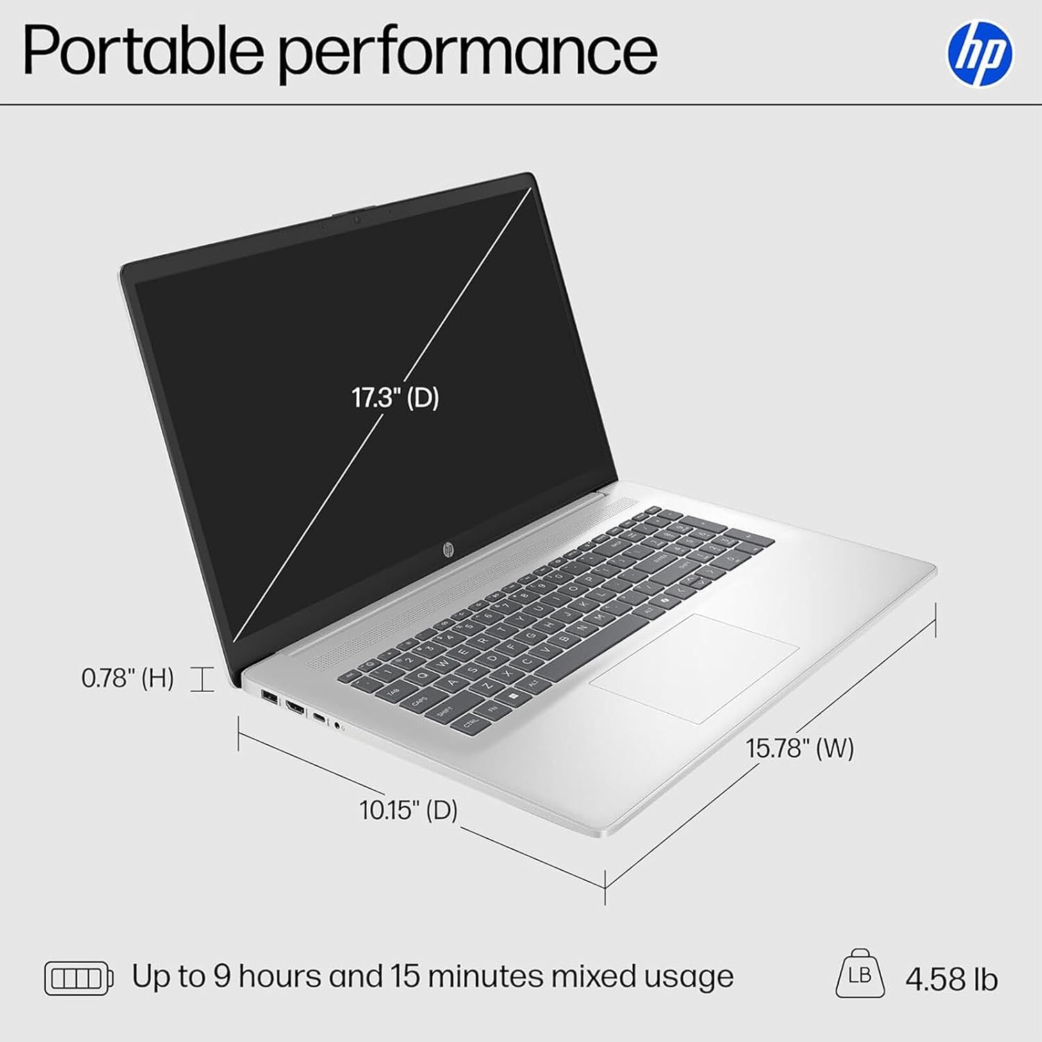 HP 17.3 inch Laptop, FHD Display, AMD Ryzen 5 7430U, 16GB RAM, 512GB SSD, AMD Radeon Graphics, Windows 11 Pro, Natural Silver, Webcam, HDMI, Wi-Fi 6, AI Copilot, w/Mytrix Accessory