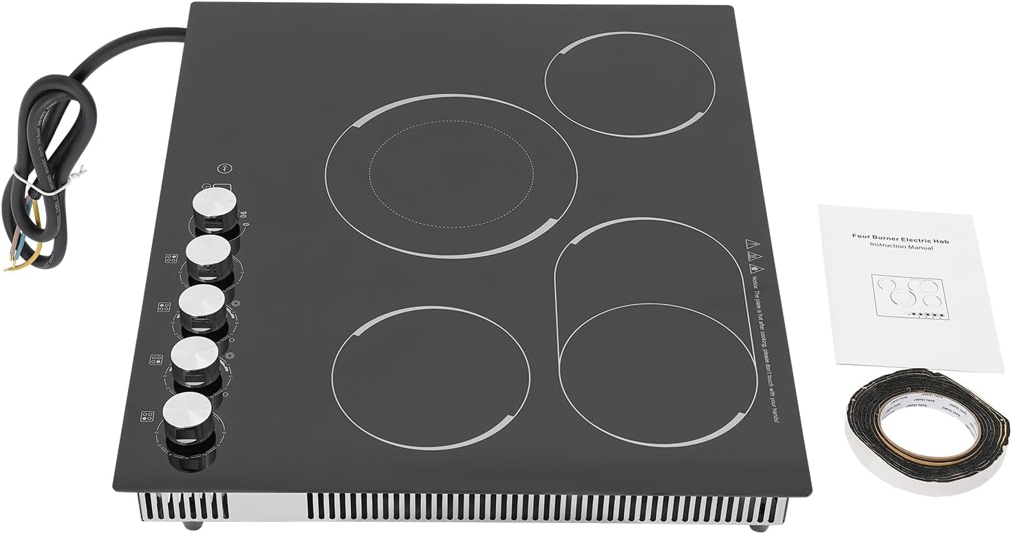 4 Burners Electric Cooktop, 24 Inch 3400W Electric Ceramic Cooktop Built-in Electric Stove Top with 5 Heating Levels, Kid Safety Lock and Timer, 110V for Hard Wire (No Plug)