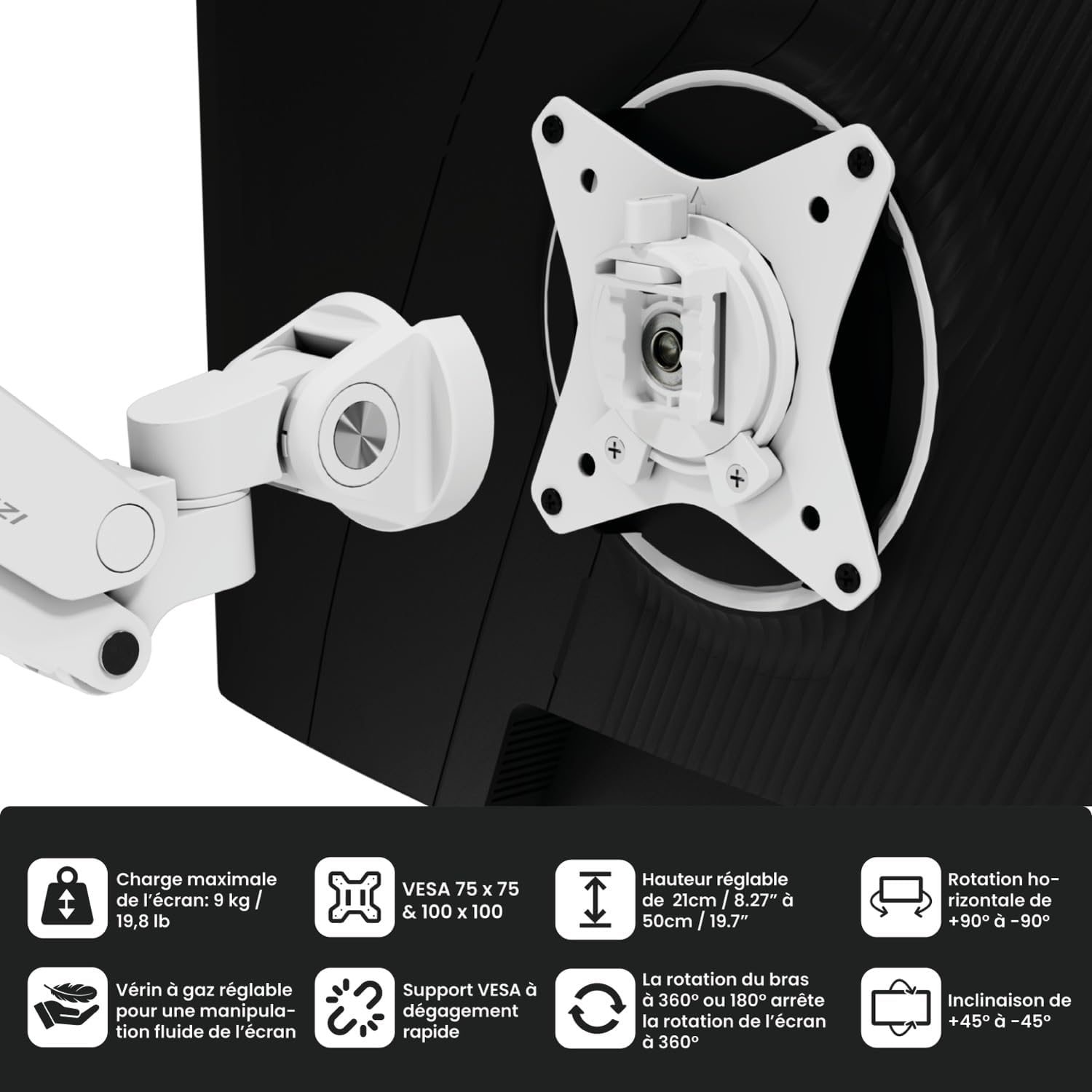 Arozzi Alzare Neo Duo Dual Gas Spring Monitor Arm - 2 Independent Arms, 17':34' Monitors, VESA 75/100, 360 Rotation, Up to 20 lbs Each, Cable Management, C-Clamp & Grommet Included - White