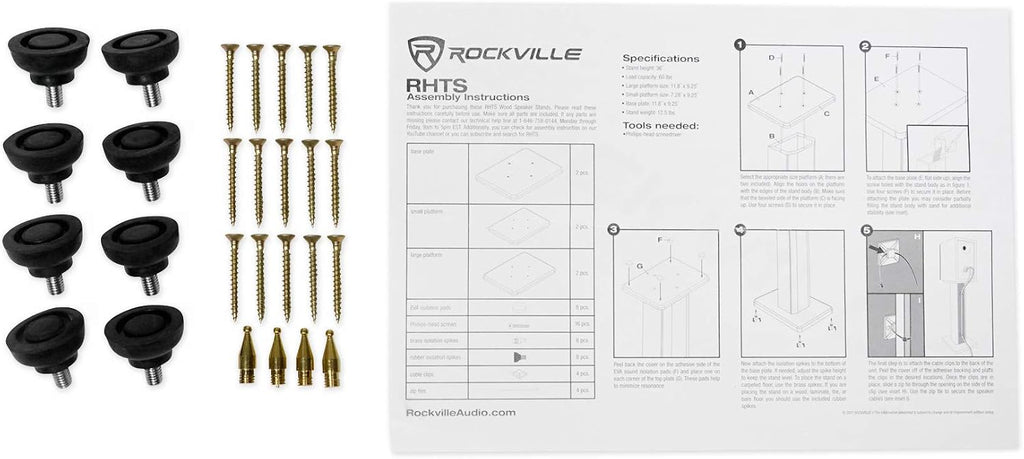 Rockville Pair RHTSC 36-Inch Bookshelf Speaker Stands, Surround Sound, 60 lbs Capacity, Wood Construction, Isolation Pads, Spikes, Sand-Fillable, for Home Theater and Studio Audio