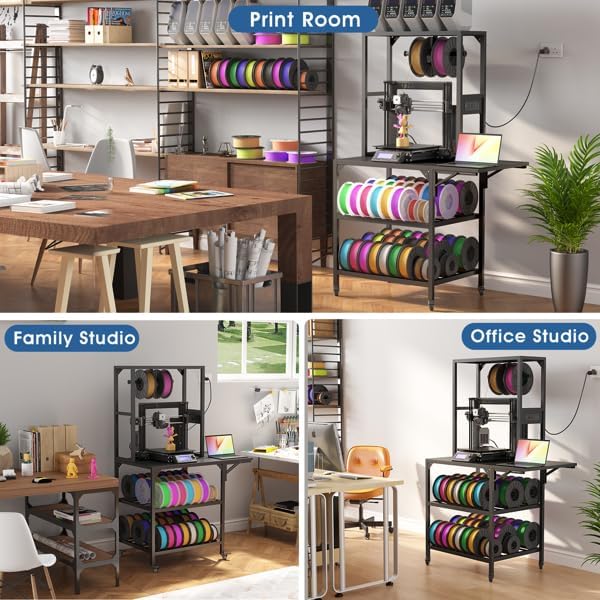 3D Printer Stand with Filament Storage, Heavy Duty 3D Printer Table, Spool Holder Cart with Wheels,for Garage Workshop, Printer Desk & 3D Printing Accessories for Workshop Studio Office