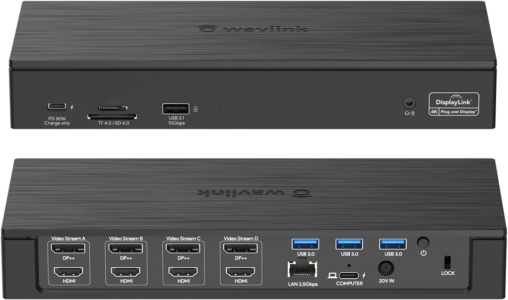 WAVLINK DisplayLink Laptop Docking Station - Quad Monitor 5K/4K@60Hz, 100W Charging - Thunderbolt 5/4, USB-C/A - M1-M5 Mac/MacBook Neo/Windows/Chrome- 4 HDMI, 4 DP, 180W Power, SD 4.0 CR, 2.5Gbps LAN