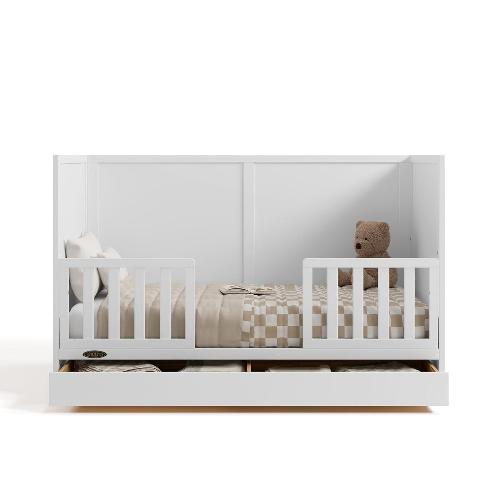 Graco Theo 3-in-1 Convertible Crib with Storage Drawer – GREENGUARD Gold Certified Baby Crib Crafted from Wood, Converts to Toddler Bed, Daybed, and Full-Size Bed (White)