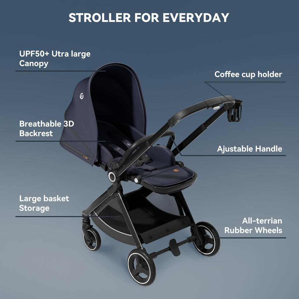 EMU Full-Size Foldable Baby Stroller Full Recline Cockpit Compact Toddler Stroller with Reversible Seat All-Terrain Newborn Infant Pram Carriage for City Outdoor - Dark Blue