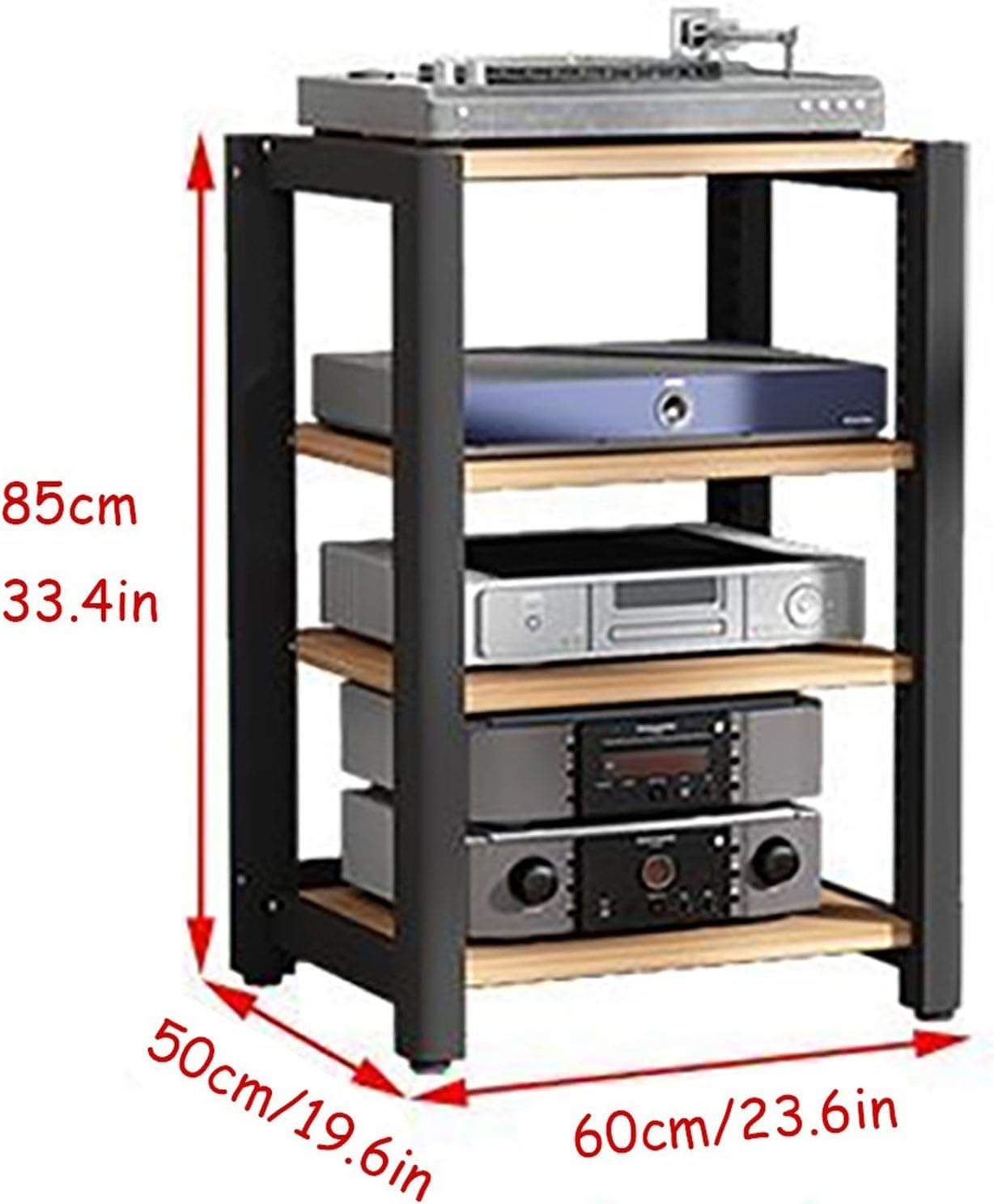 AV Media Stand, 2/3/4/5-Tier Audio Rack with Adjustable Shelf, Entertainment TV Shelves, Floor-Standing Stereo Cabinet Corner Shelf, Metal Storage Frame(Natural,4 Tier 60x50x85CM)