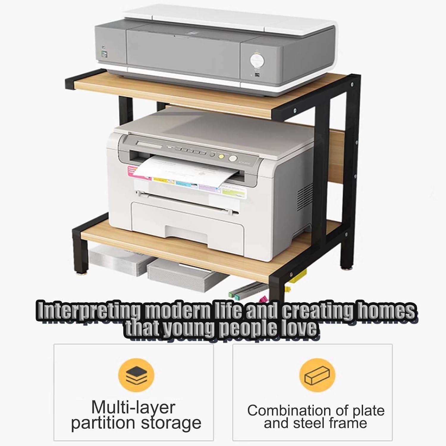3-Tier Printer Desk Stand,Desktop Printer Stand, Printer Shelf Desk Organization，Multipurpose Printer Display，printer Table With Storage,for Home,3D Printer,Fax Machine(Black and black,60*55c