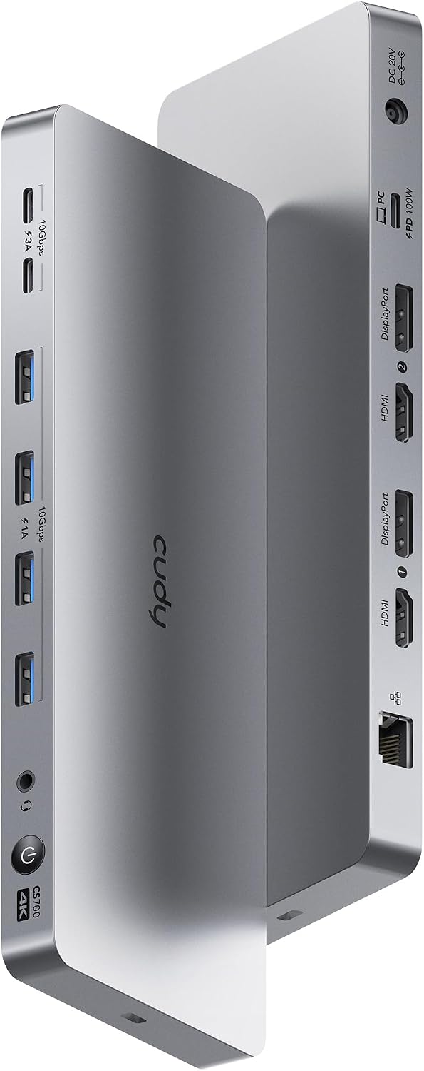 Cudy USB 3.2 Gen 2 Dual 4K 60Hz Display Docking Station, Up to 2 Monitor Display, 10Gbps USB C, 2 HDMI & Display Ports, 1000Mbps RJ45 Port, 100 Watts PD, 150 Watts PSU, DisplayLink, CS700