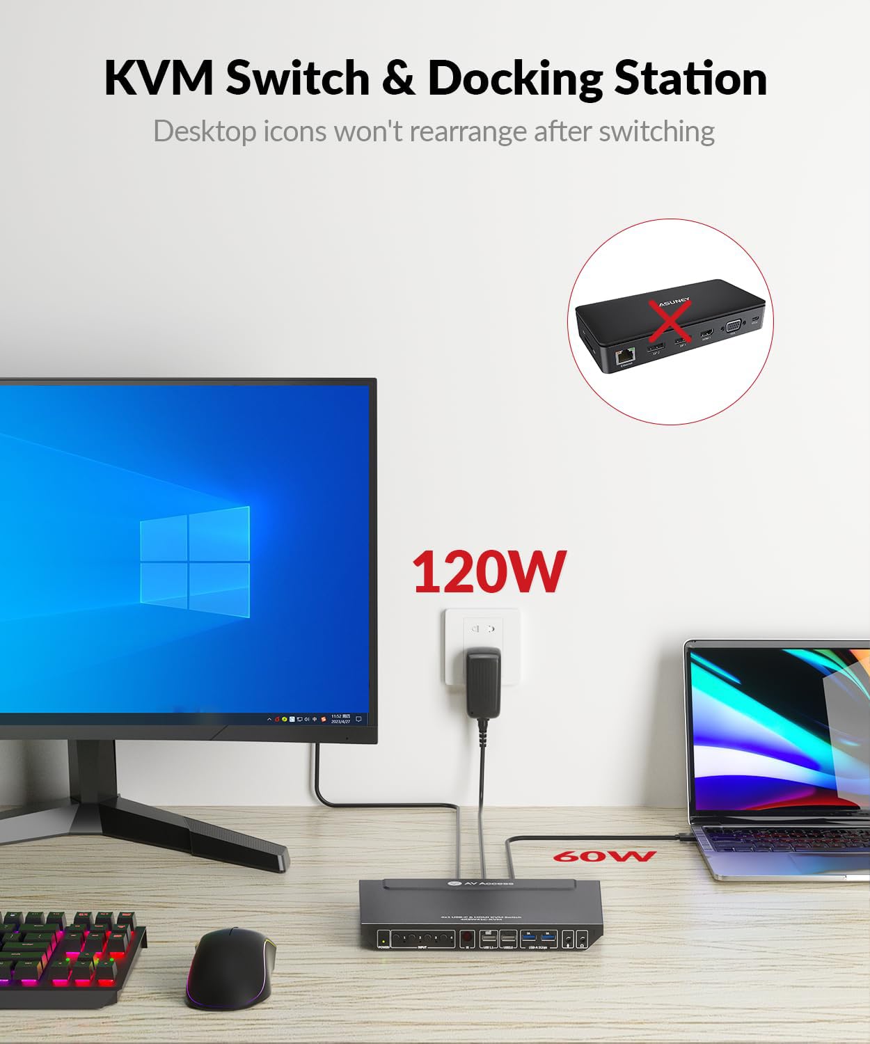 AV Access KVM Switch 1 Monitor 4 Computers (3 Desktops & 1 Laptop), USB C Fast Charging for Laptop, 4K@60hz HDMI Display, 2xUSB 3.0, EDID, Hotkey or IR Remote, for 4 PCs Share 1 Keyboard&Mouse