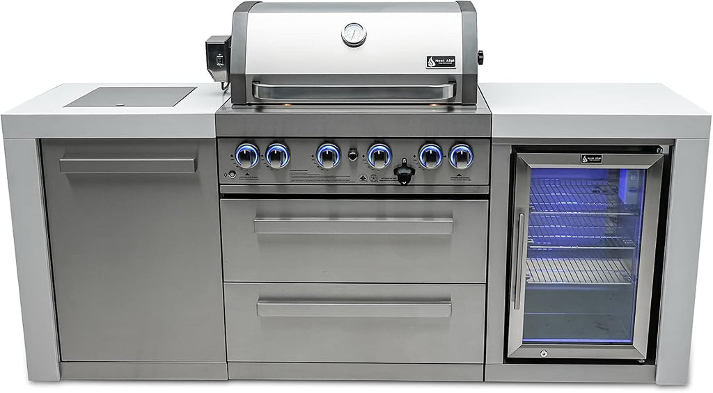 Mont Alpi Deluxe Series Stainless Steel 82'W x 23'D Modular Outdoor Kitchen Island + Side Burner + Refrigerator + 32'W 4-Burner BBQ Gas Grill + White Granite Countertops + Storage Cabinets & Drawers