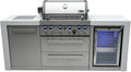 Mont Alpi Deluxe Series Stainless Steel 82'W x 23'D Modular Outdoor Kitchen Island + Side Burner + Refrigerator + 32'W 4-Burner BBQ Gas Grill + White Granite Countertops + Storage Cabinets & Drawers
