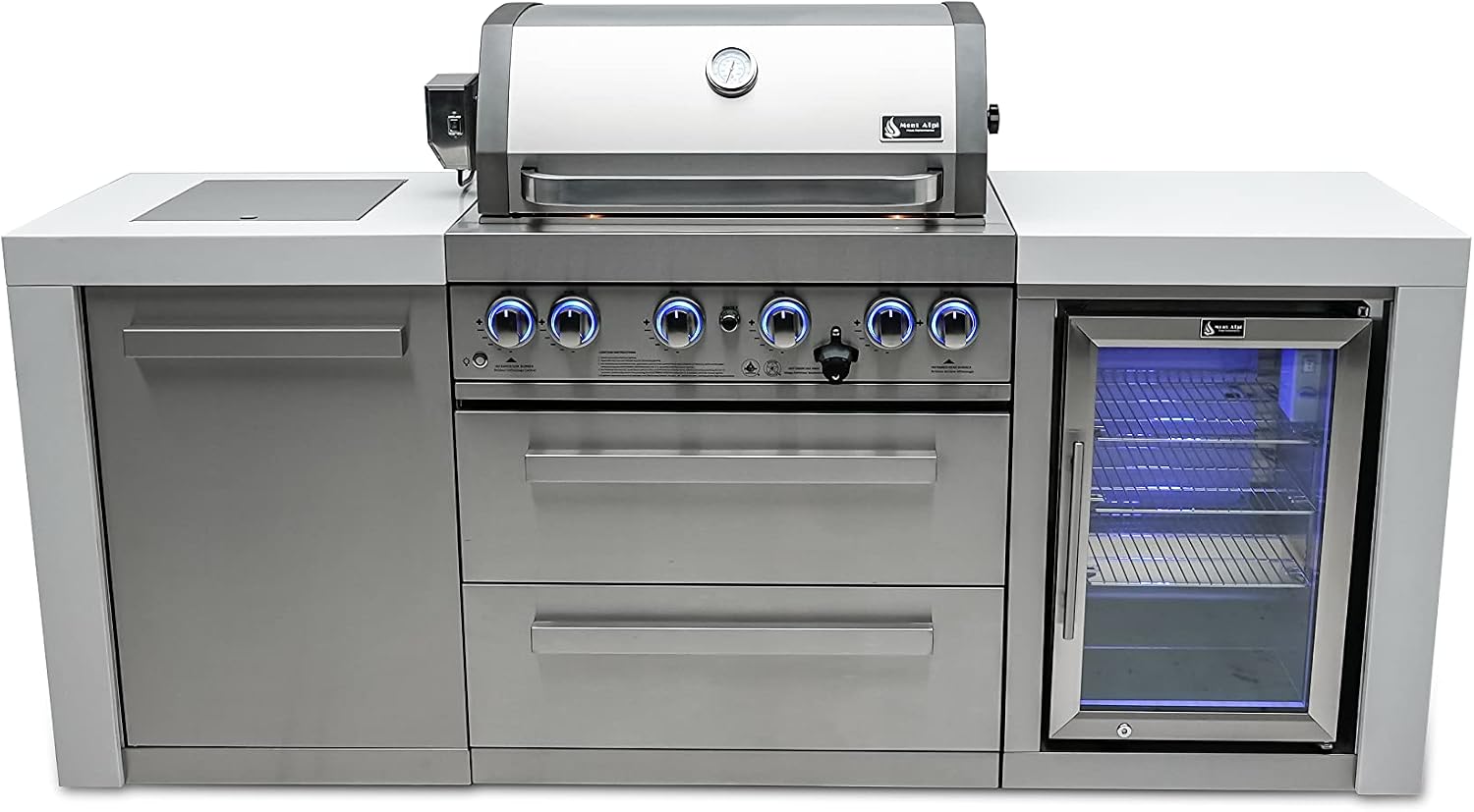 Mont Alpi Deluxe Series Stainless Steel 82'W x 23'D Modular Outdoor Kitchen Island + Side Burner + Refrigerator + 32'W 4-Burner BBQ Gas Grill + White Granite Countertops + Storage Cabinets & Drawers
