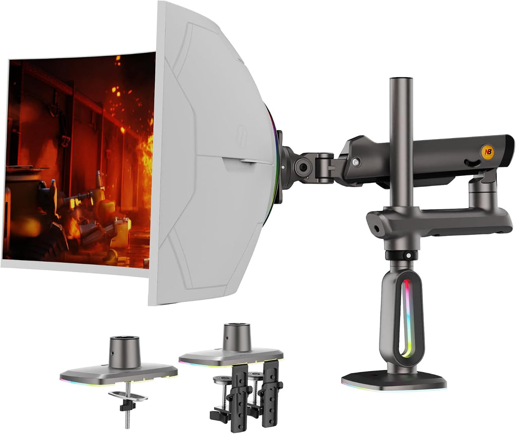 NB Extra Height Gaming Monitor Arm for 32 to 60 Inches Screen, Load up to 20 kg, VESA 75/100, RGB-Light, Heavy Duty, Multi Angle Adjustable, Premium Aluminum, Long Arm Extension Grey Black