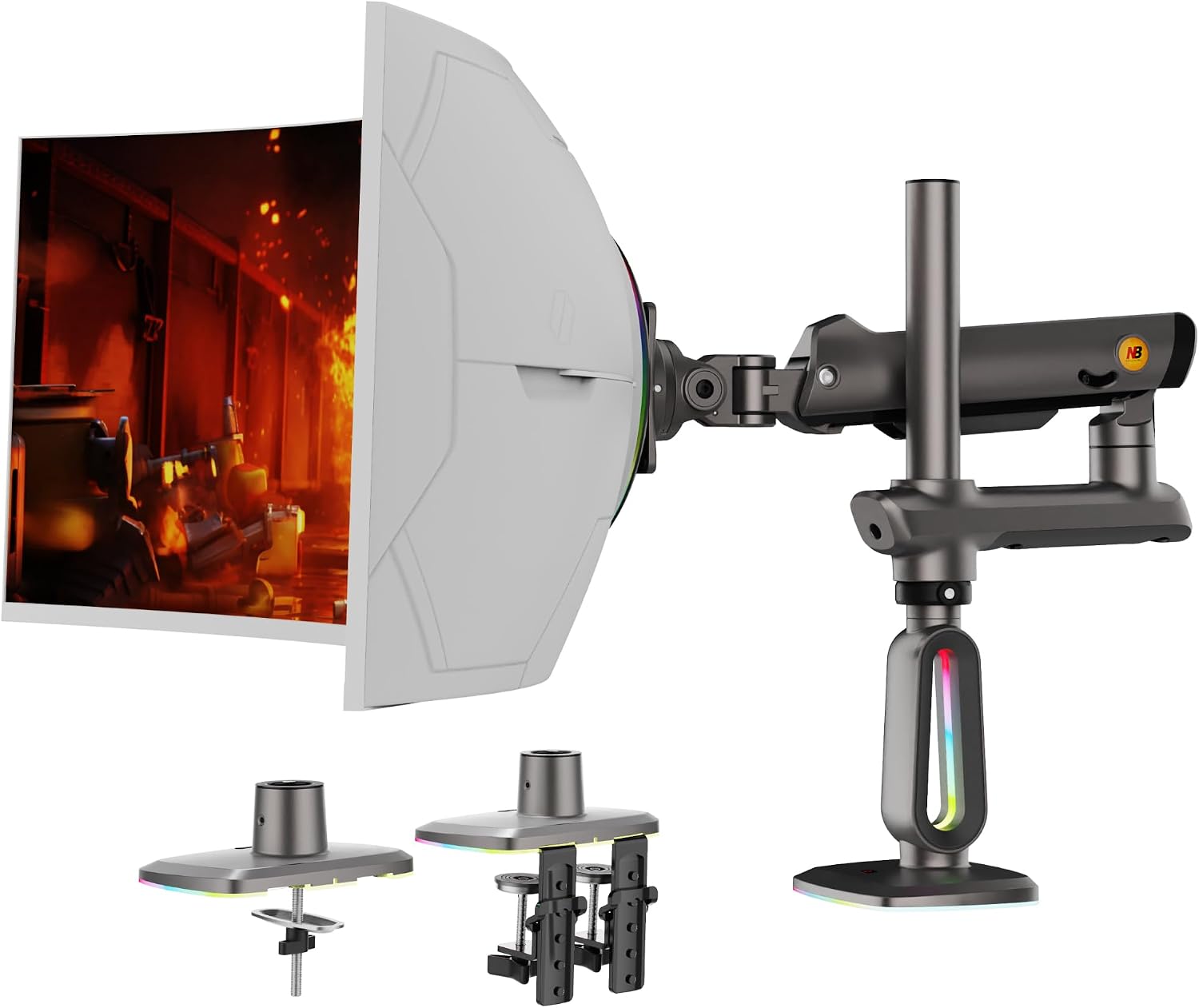 NB Extra Height Gaming Monitor Arm for 32 to 60 Inches Screen, Load up to 20 kg, VESA 75/100, RGB-Light, Heavy Duty, Multi Angle Adjustable, Premium Aluminum, Long Arm Extension Grey Black