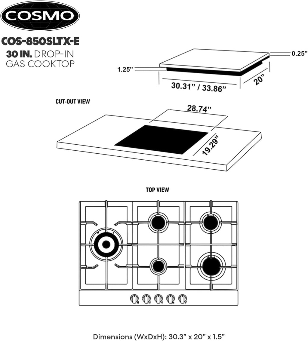COSMO 850SLTX-E 30 in. Gas Cooktop with 5 Burners, Counter-Top Cooker with Cast Iron Grate Stove-Top, Melt-Proof Metal Knobs in Stainless Steel