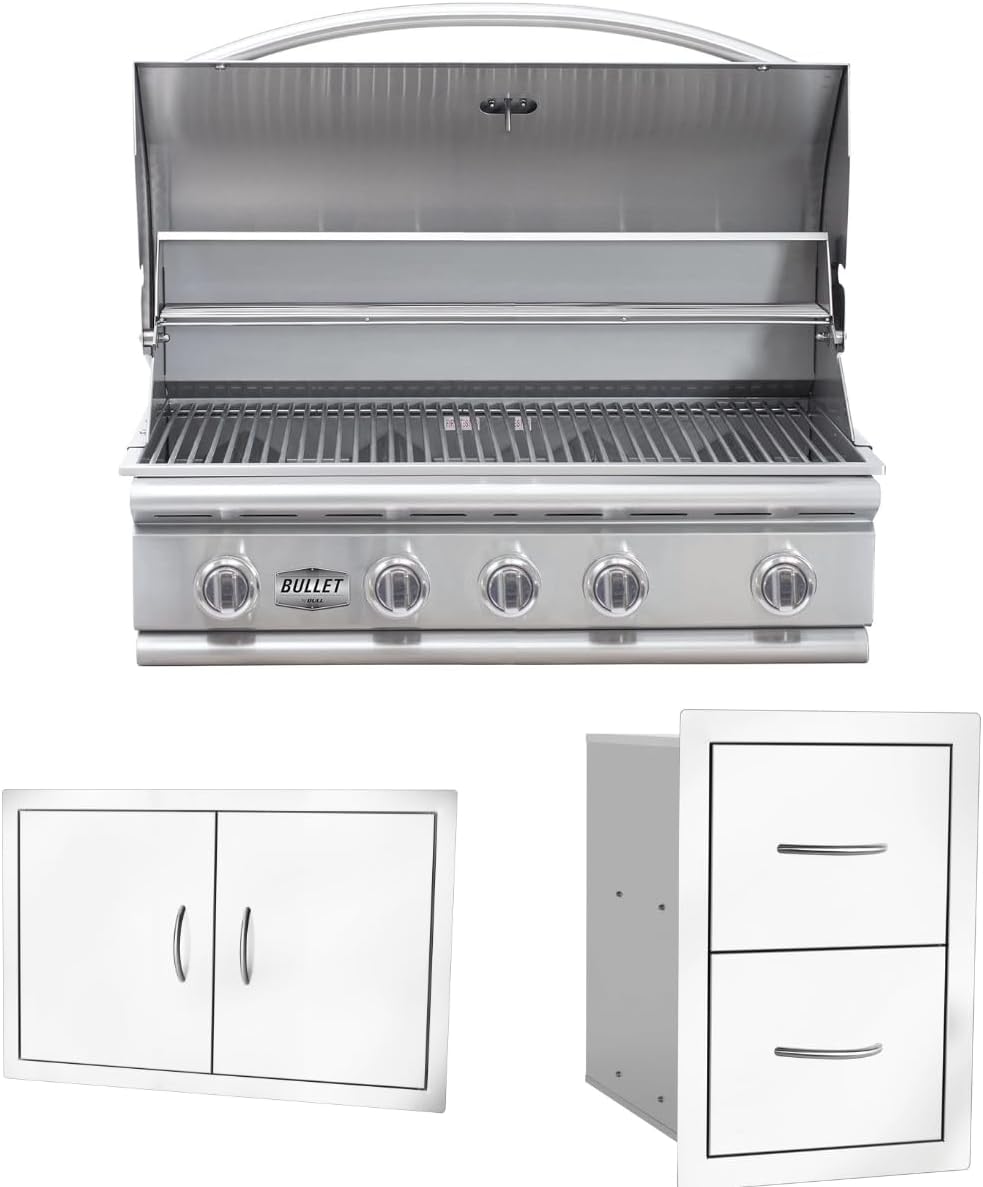 Bullet by Bull Stainless Steel Outdoor Kitchen Grill Set - Built-In Liquid Propane Grill -BBQ Kitchen Island Bundle - Includes 5 Burner Grill, Double Access Door & Double Storage Drawer