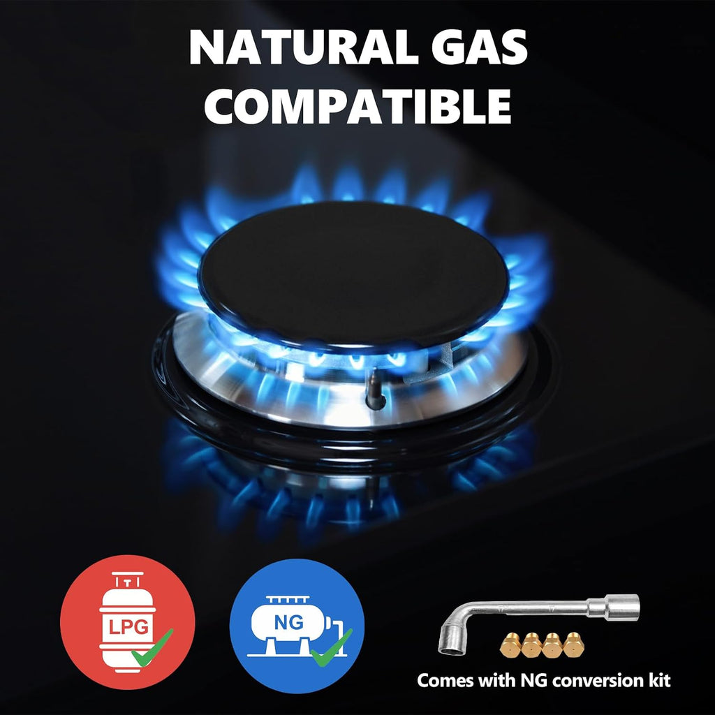 Gas Stove Top 4 Burners 24inch, Built-in Glass Gas Cooktop Propane Neutral Gas Convertible Stovetop, NG/LPG Dual Fuel Stovetop for Home, RVs