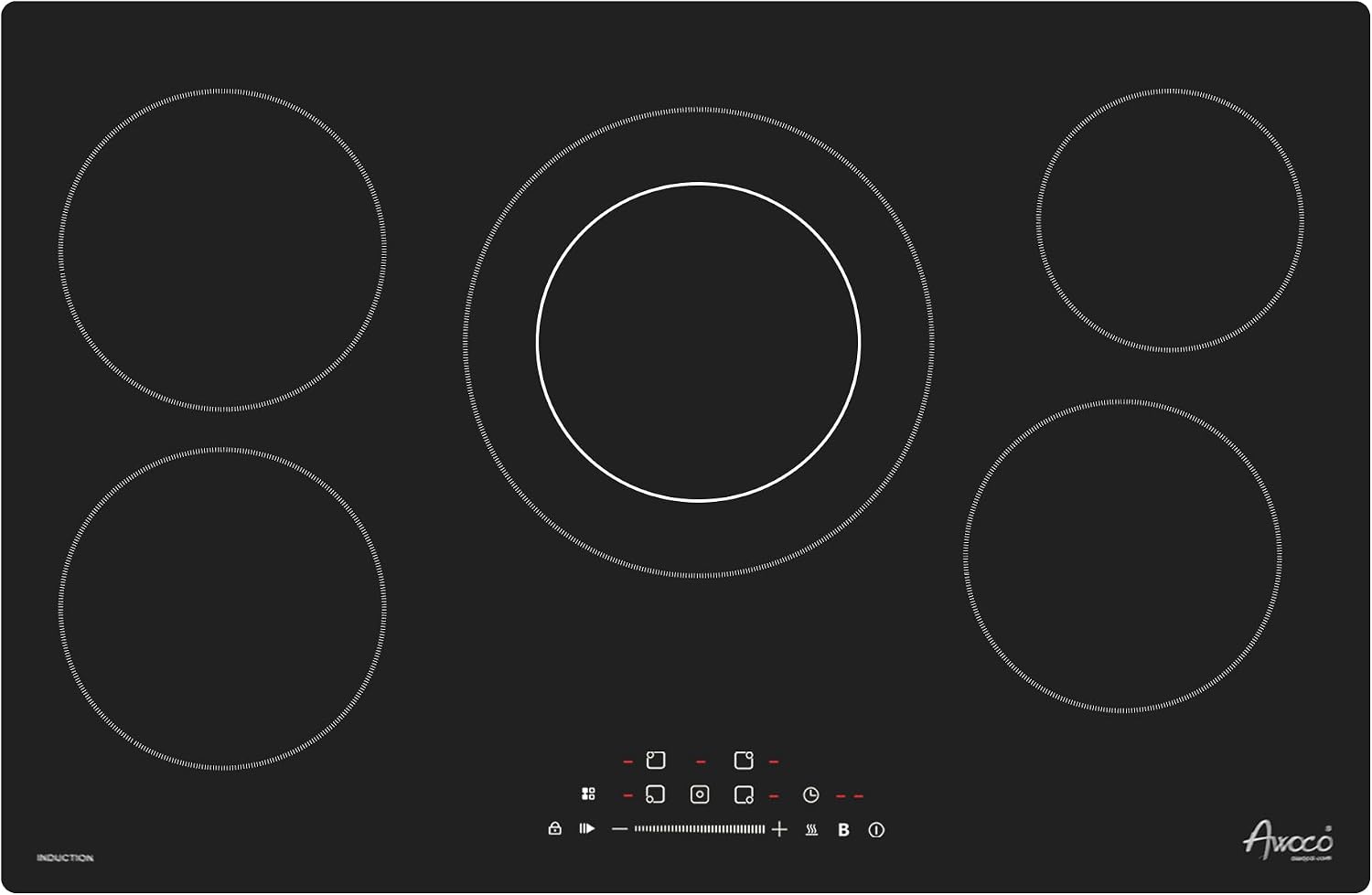 Awoco 36-Inch Ceramic Cooktop, 9100W Electric Stove Top with 5 Burners with hard wire, 9 Power Levels Digital Timer Child Lock, Residual Heat Indicator, Automatic Shut-Off Easy Clean, 220-240V