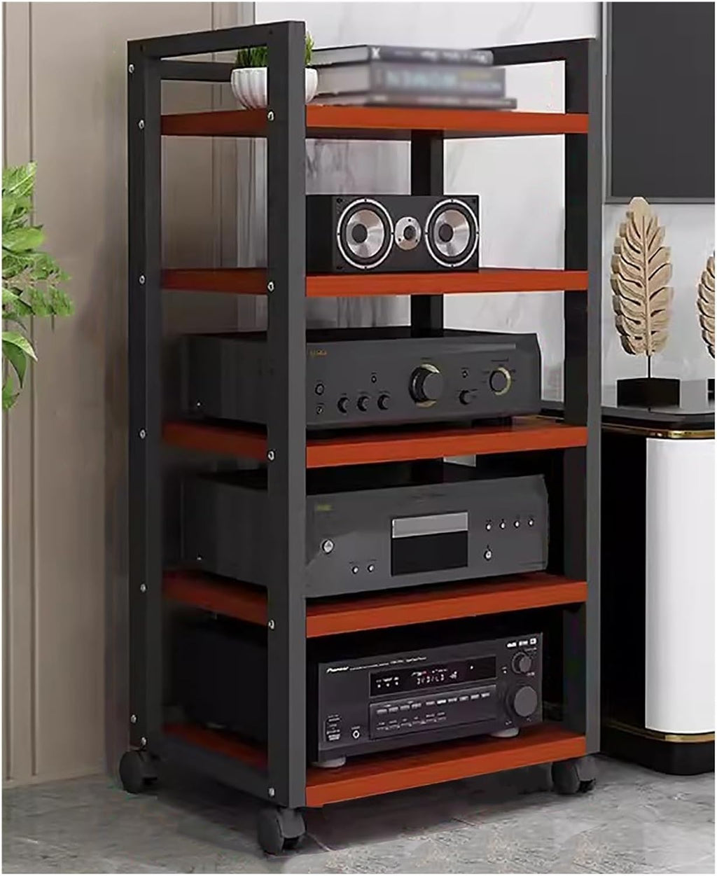 Audio Component Rack Media Stereo Stand Equipment Shelf 3 4 5 Tier, Free Standing Heavy Duty Media Storage Stands on Wheels, Commercial Home（Black-#3-5 layer）