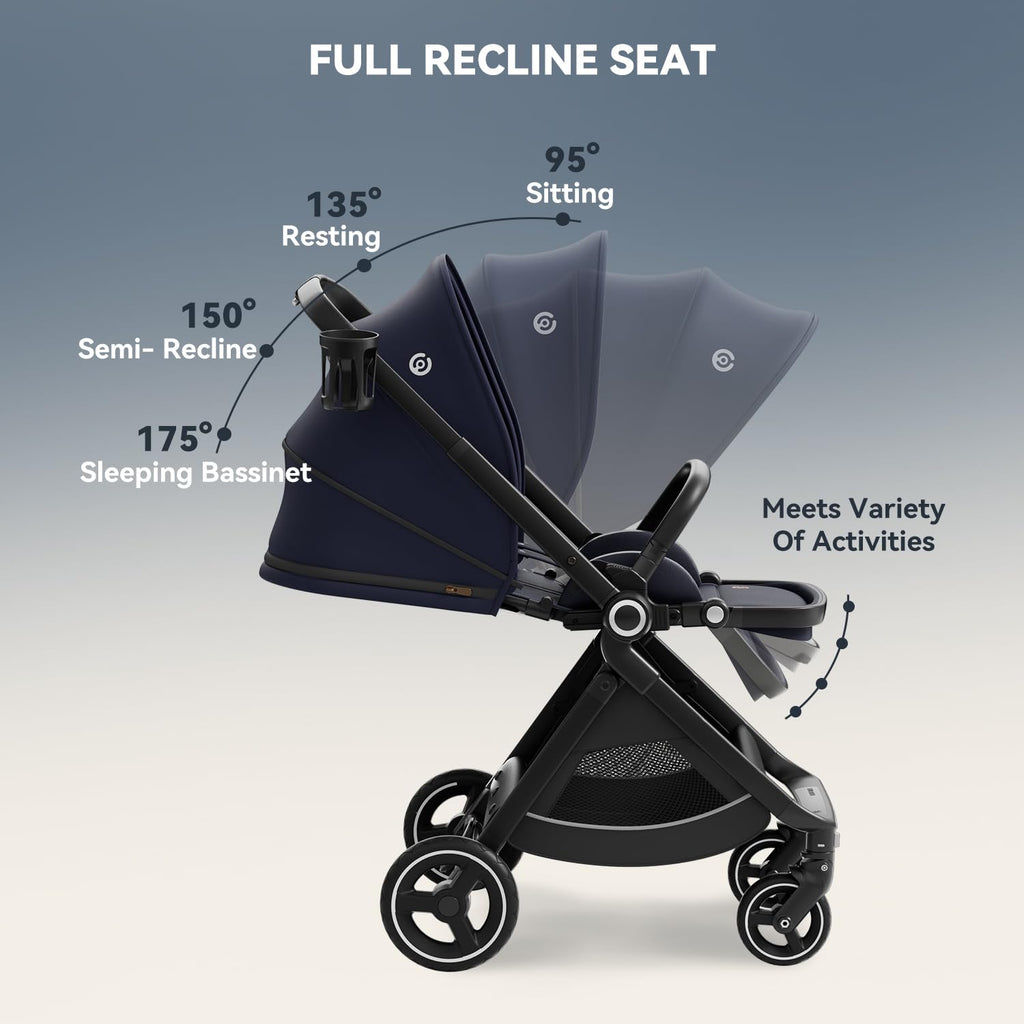 EMU Full-Size Foldable Baby Stroller Full Recline Cockpit Compact Toddler Stroller with Reversible Seat All-Terrain Newborn Infant Pram Carriage for City Outdoor - Dark Blue