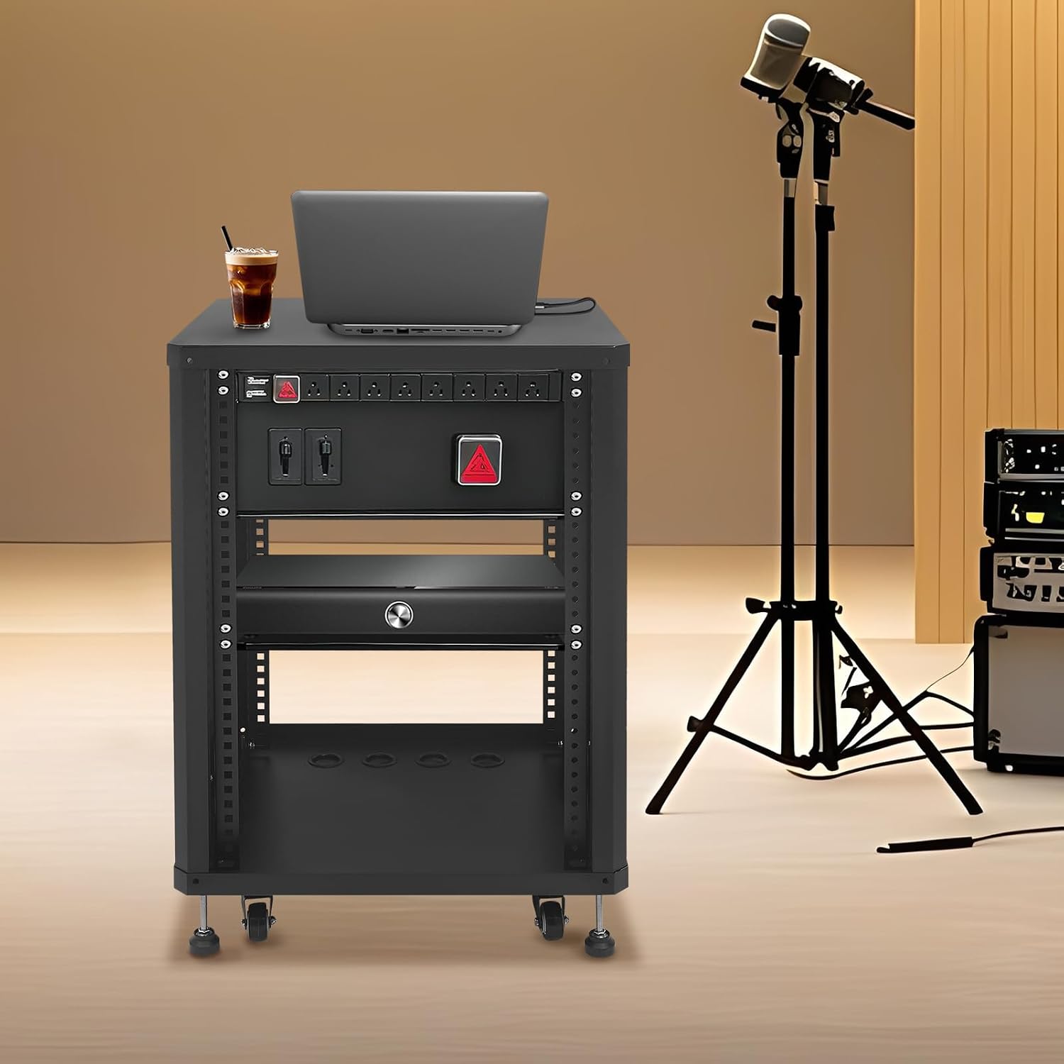 15U Server Rack with Wheels&Leveling Feet, Freestanding Rolling Open Frame IT Network Server Cabinet Rack Shelf for Audio Video Music Recording Computer AV Data & IT Equipment,Up to 300 Lbs Load,Black