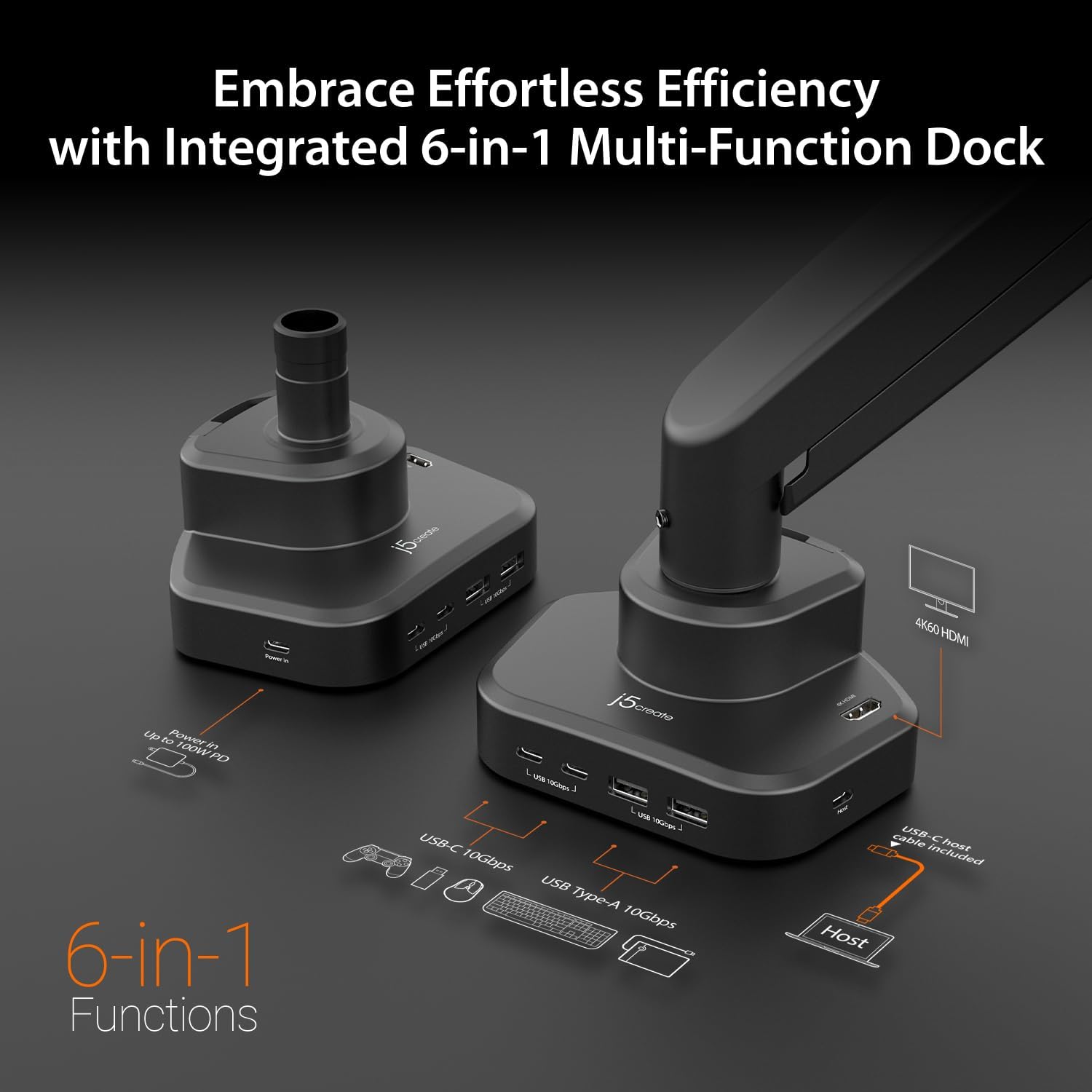 j5create Monitor Mount with 6-in-1 Docking Station, Fully Adjustable Gas Spring Monitor Arm for 17 to 32 inch Screen, Conveniently Set Optimal Angle and Maximize Productivity (JTSA301)