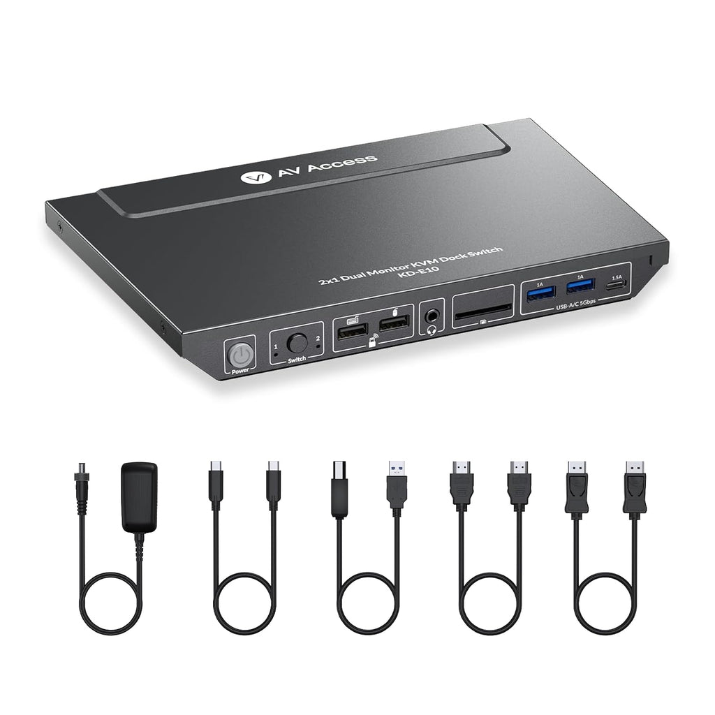 AV Access KVM Switch Docking Station for 2 Monitors 2 Computers, 4K KVM Switch Dual Monitor for Laptop & Desktop, EDID, 1G Ethernet, 100W USB-C Charging, 3X USB 3.0, Ideal for Home Office & Gaming