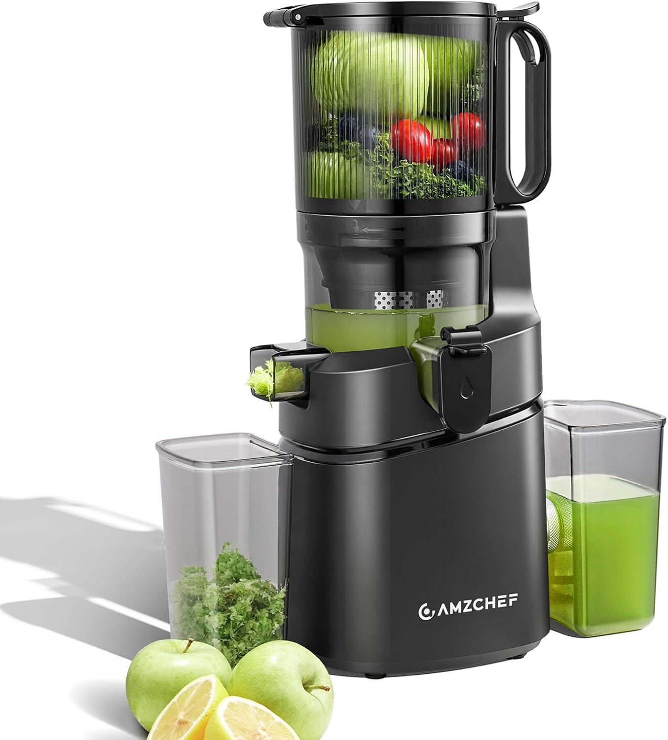 AMZCHEF Cold Press Juicer – 5.8' Wide Mouth Hopper for Whole Recipe Loading, Self Feeding for Hands-Free Operation, Zero Waste Masticating Juicer For More Juice, Less Pulp – Triple Strainers