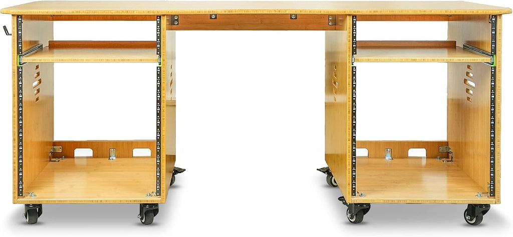 Sound Town Studio Desk Workstation with Dual 13U Side Rack Cabinets, Slide-Out Trays, Casters, for Recording Rooms and Home, Solid Carbonized Bamboo (SDRK-WS69CB)