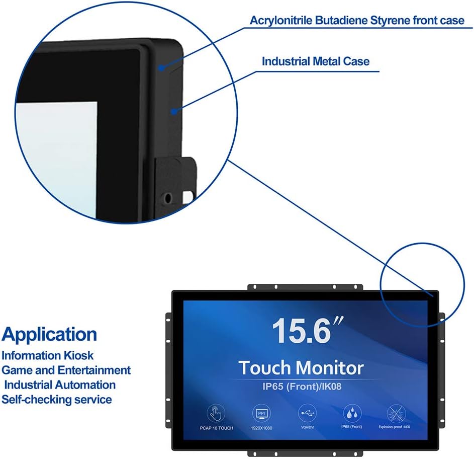 GreenTouch 15.6 Inch 10 Points Open Frame Touch Display, Industrial PCAP Touchscreen Monitor, VGA+HDMI+DVI Port - 16:9