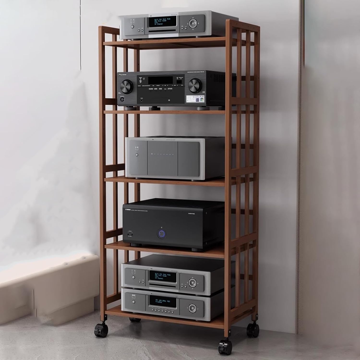 5-Tier Av Component Media Stand Stereo Cabinet Audio-Video Tower, Adjustable Audio Rack Equipment Open Shelf, Cd Players Console Organizer(Walnut Colour)