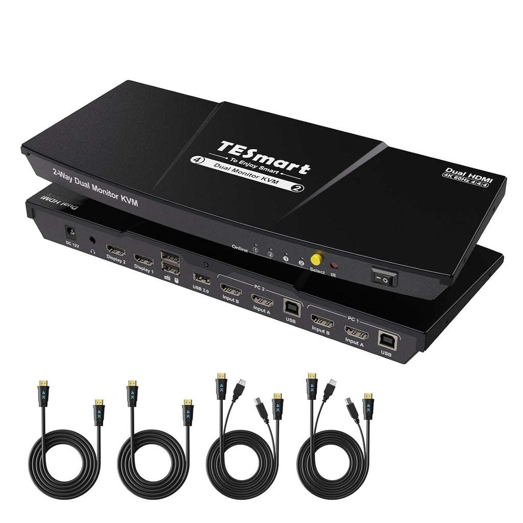 TESmart HDMI KVM Switch 2 Monitors 2 Computers 4K@60Hz, USB 2.0, Dual Monitor KVM Switch HDMI 2 Port Extended Display, EDID emulators, L/R Audio, Hotkey Switch, Button Switch with All Input Cables
