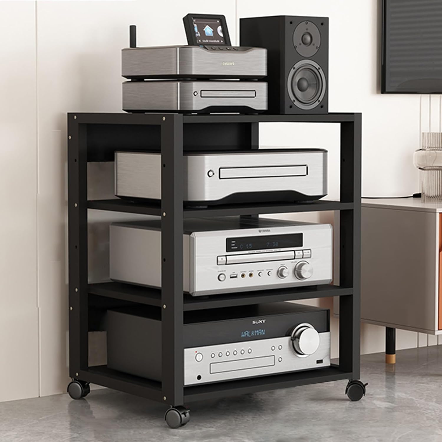 27in High Modern Record Player Stand, 4/3 Tier Mobile Audio AV Media Shelf Vertical Storage Cabinet for Office Home Classroom, Stereo Equipment Rack Adjustable